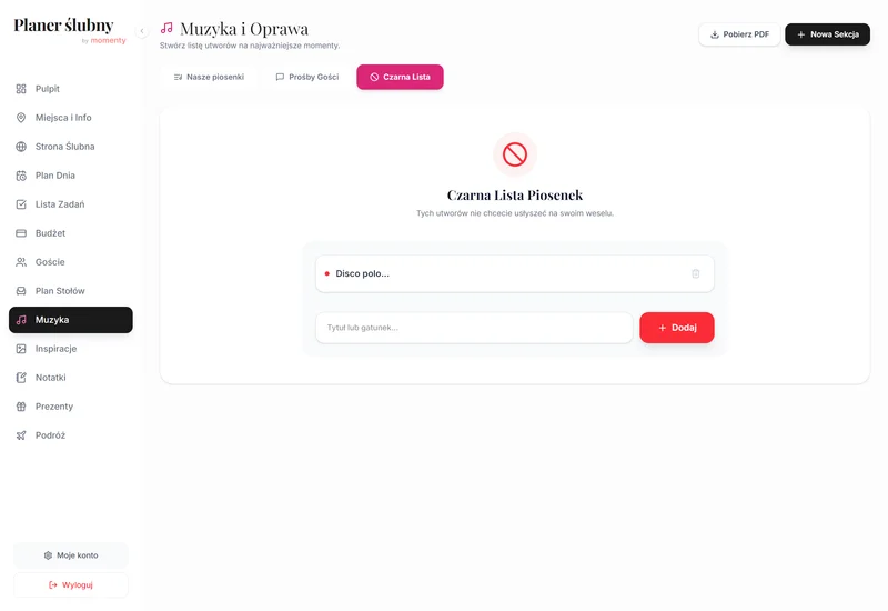 Czarna lista utworów weselnych w planerze online w widoku desktop