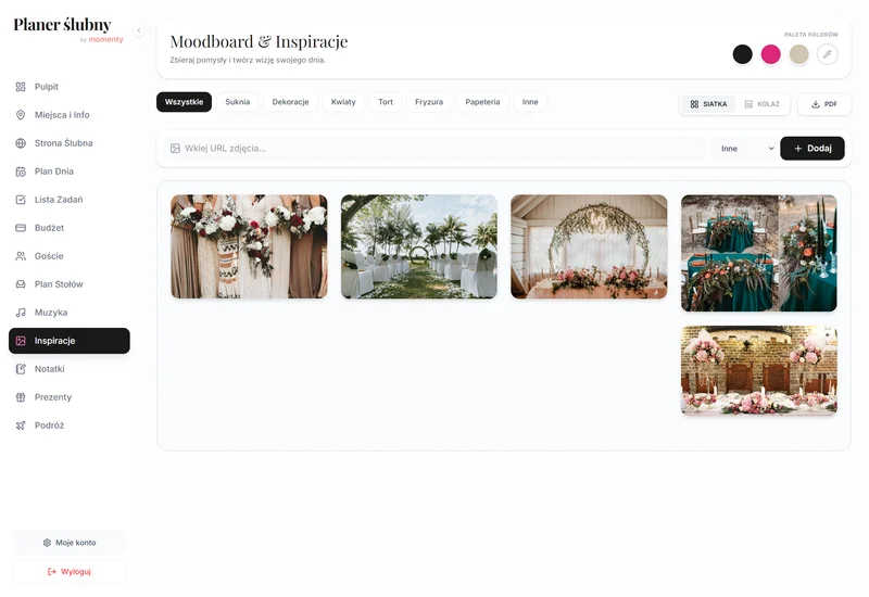 Tablica inspiracji ślubnych w planerze online w widoku desktop
