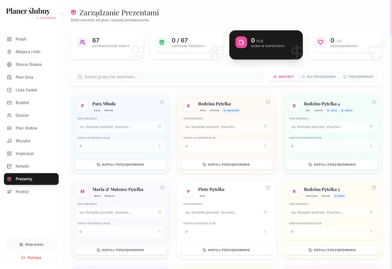 Lista prezentów ślubnych w planerze online w widoku desktop
