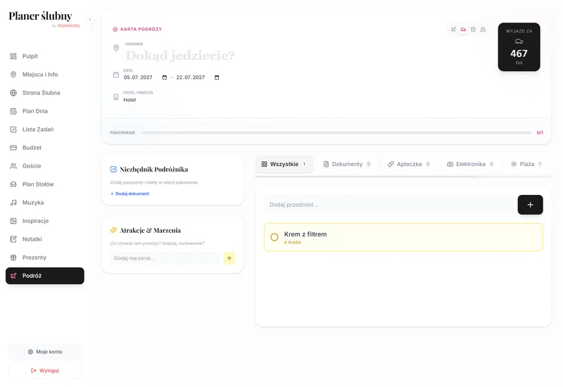 Planowanie podróży poślubnej w planerze online w widoku desktop