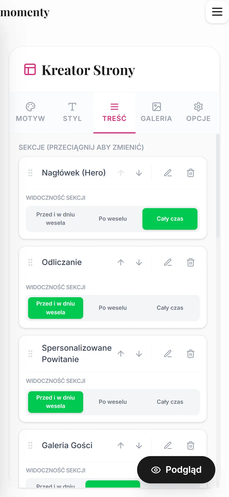 Treść strony ślubnej w mobilnym kreatorze Momenty