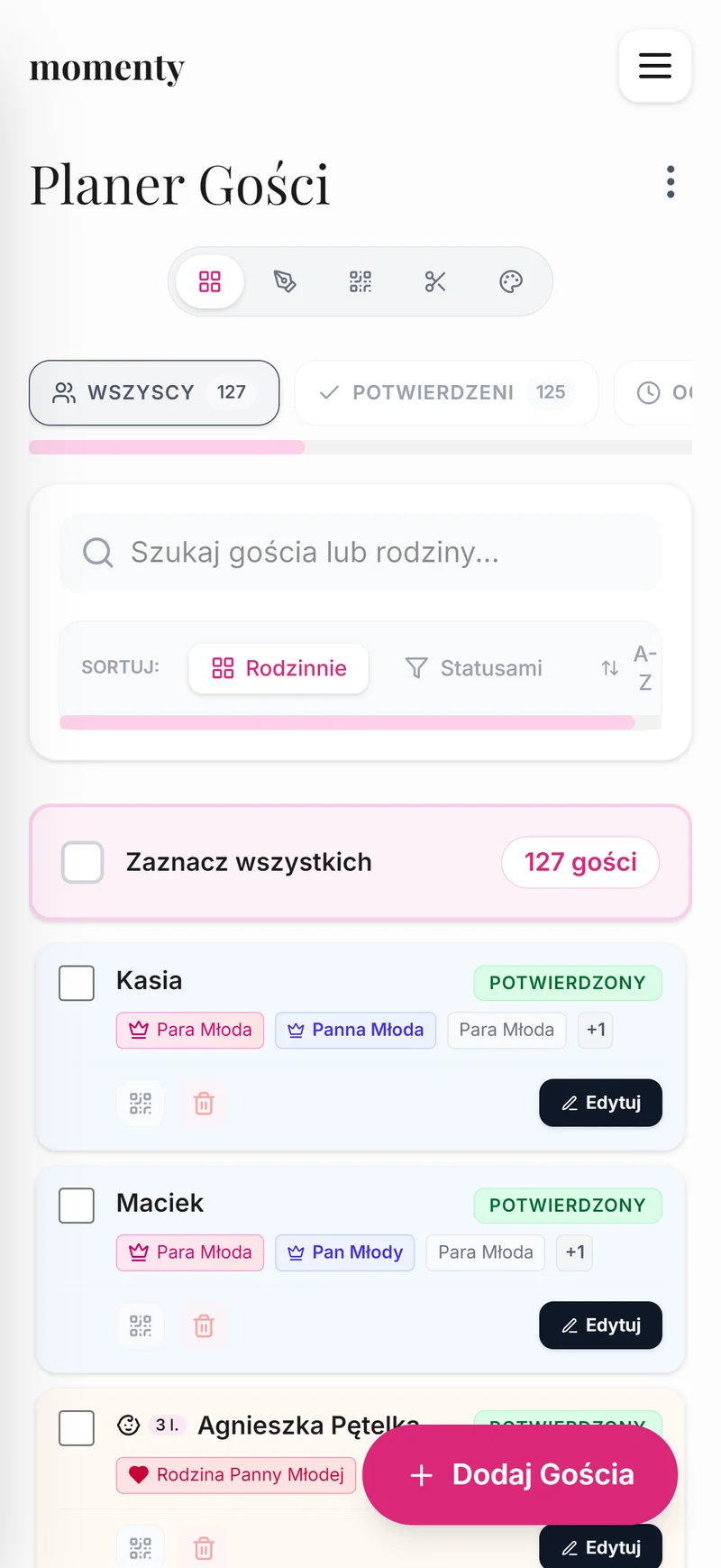 Lista gości weselnych z RSVP w mobilnym widoku planera