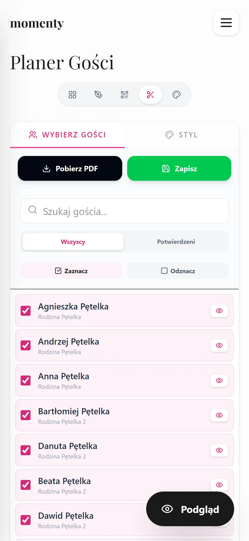 Bileciki QR dla gości w mobilnym widoku planera