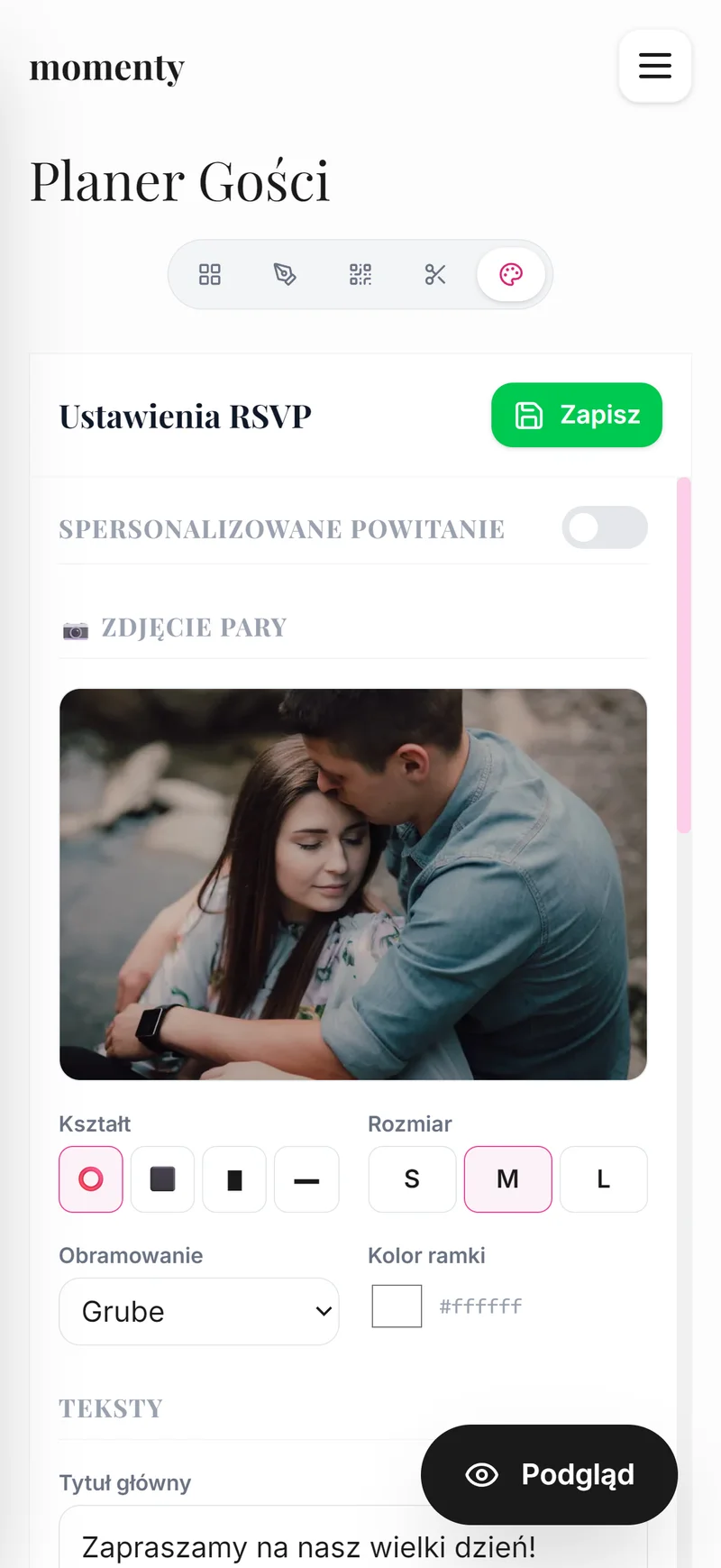 Ustawienia RSVP dla gości w mobilnym widoku