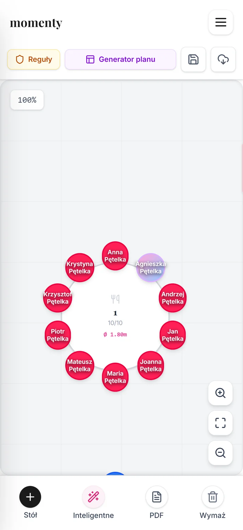 Plan stołów weselnych w mobilnym widoku na iPhone 16 Pro